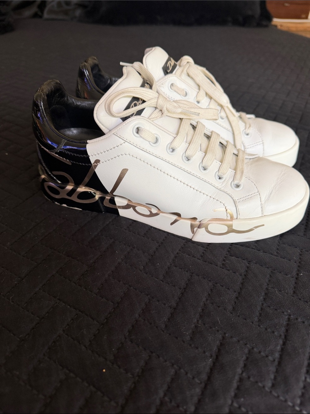 Dolce & Gabbana White Leather Sneakers with Black Heel and Gold Script